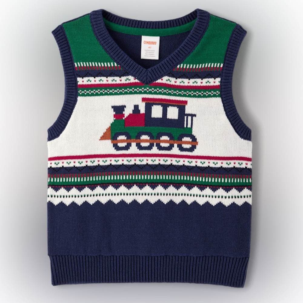 Gymboree Train Sweater Vest - Green, Red, Navy